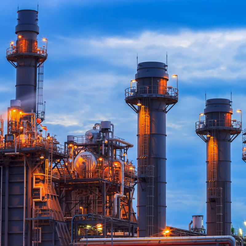 industrial building and smoke stacks