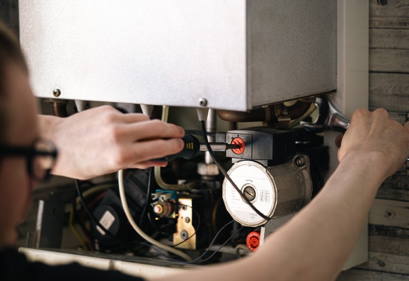 Close-up view of the industrial boiler repair process using tools in Chicago, IL