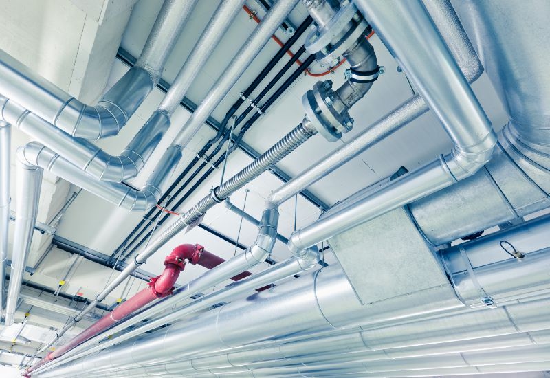 Close-up view of industrial piping installed overhead in an industrial building in Chicago, IL