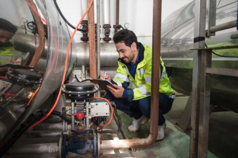 An expert is completing an industrial boiler maintenance checklist while inspecting in Chicago, IL