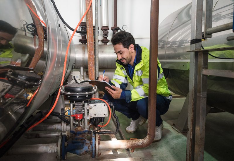 An expert is completing an industrial boiler maintenance checklist while inspecting in Chicago, IL