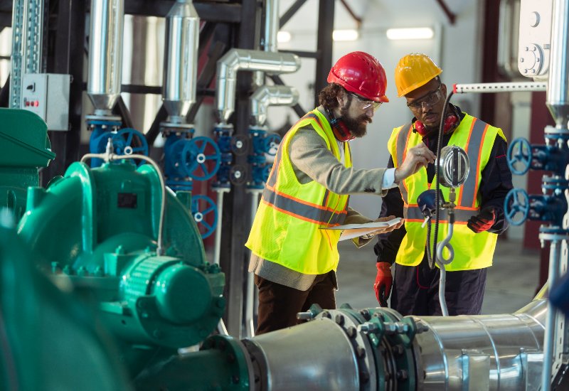 Technicians inspecting an industrial piping system and valves in Chicago, IL