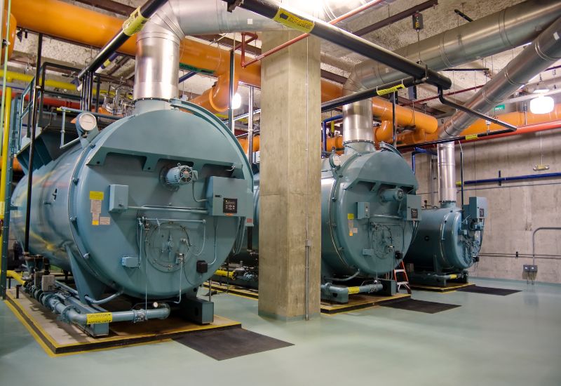 Industrial boiler installed with multiple units connected to a piping system in Chicago, IL