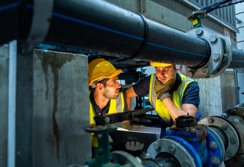 The team members are reviewing an industrial piping system in Chicago, IL