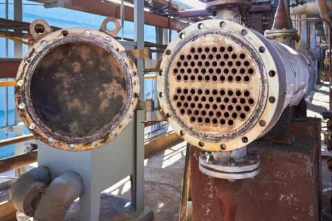 Close-up of shell and tube heat exchanger showing internal tube structure in Chicago, IL