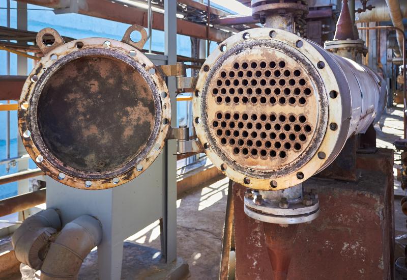 Close-up of shell and tube heat exchanger showing internal tube structure in Chicago, IL