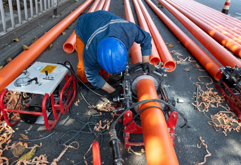 Worker installing industrial piping using a pipe fusion machine in Chicago, IL