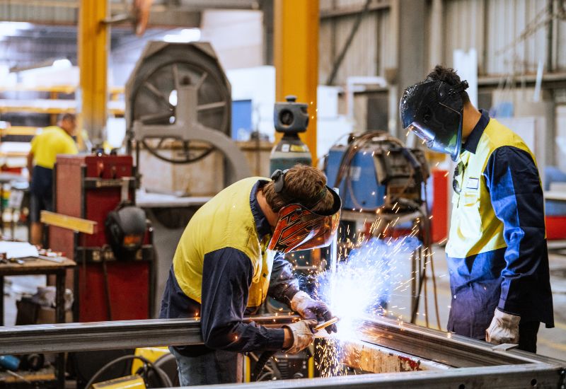 Steel fabrication process featuring skilled welders assembling custom steel frames in Chicago, IL